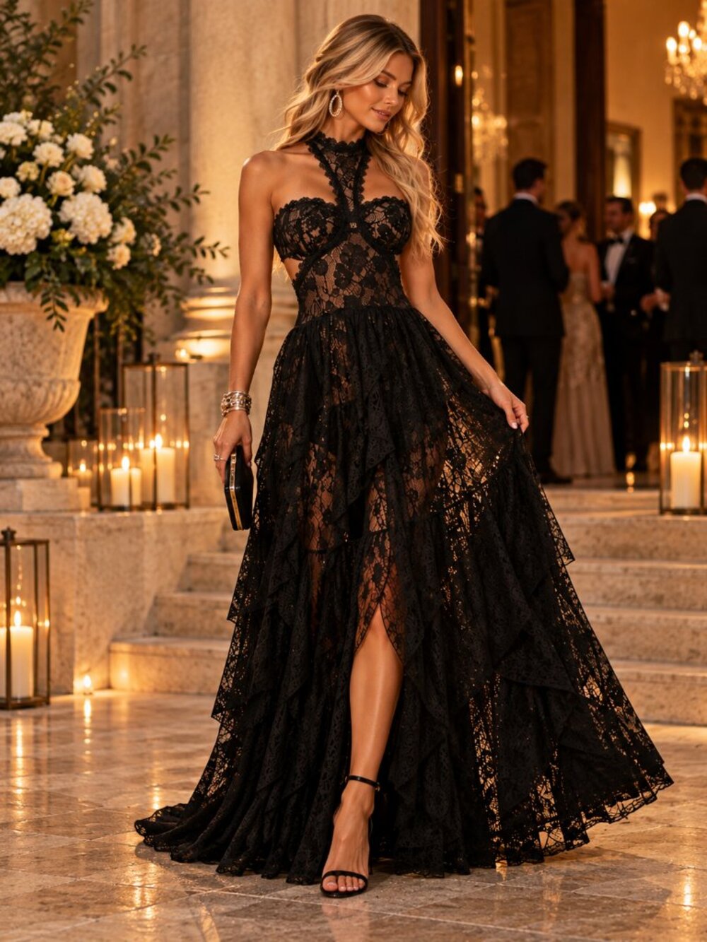 Princesa Black Floral Lace Halter Cutout Ruffle Maxi Dress Small